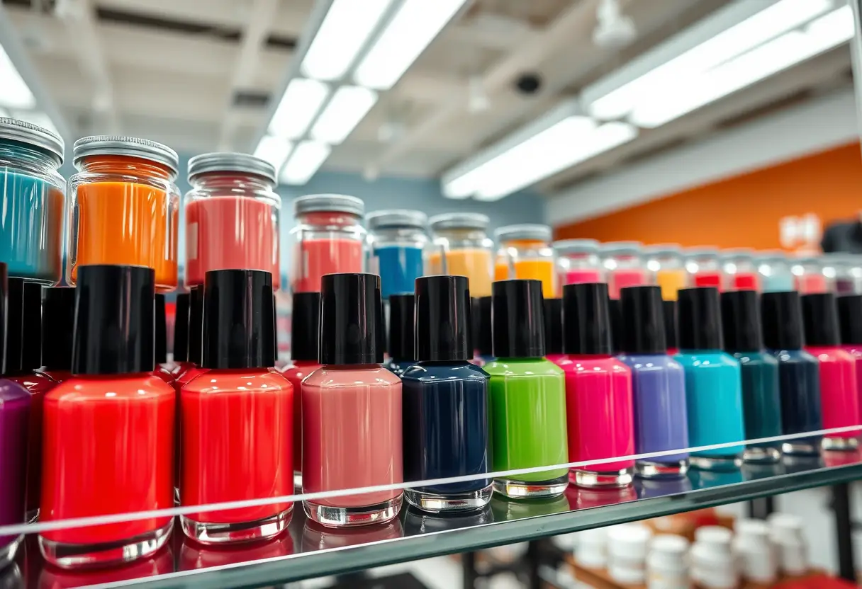 Flacons de vernis rangés dans un salon de manucure professionnel