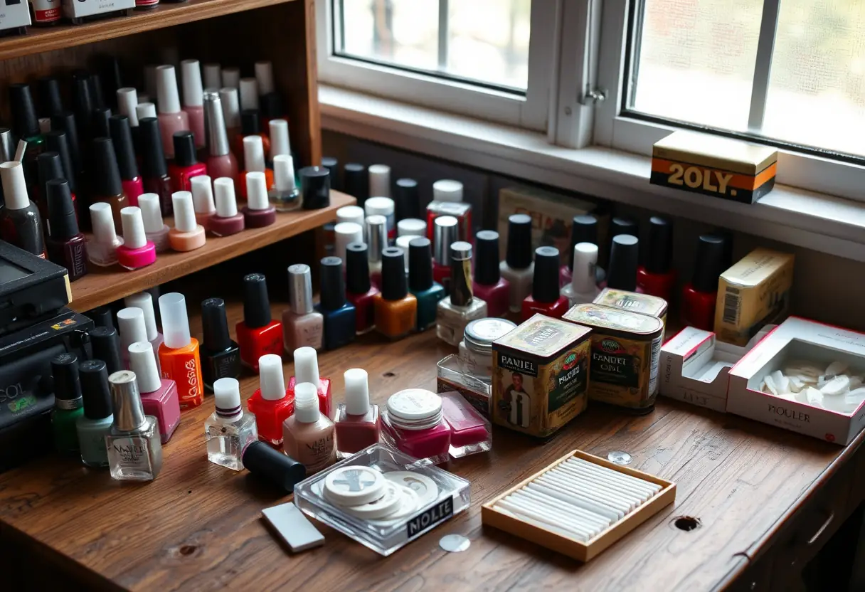 Un bureau en bois avec des bouteilles de vernis à ongles organisées, des pots de gel et des boîtes de capsules