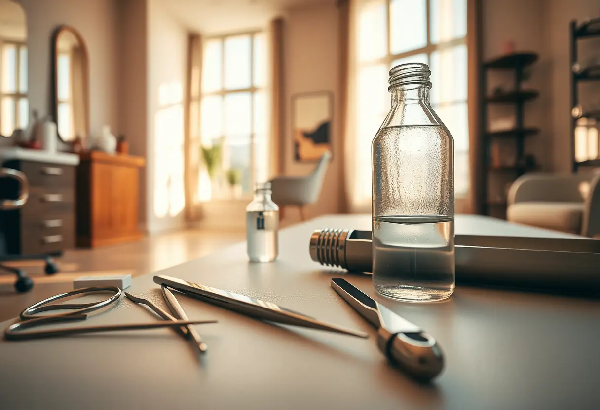 Outils de soins des pieds disposés sur une table de traitement dans un salon
