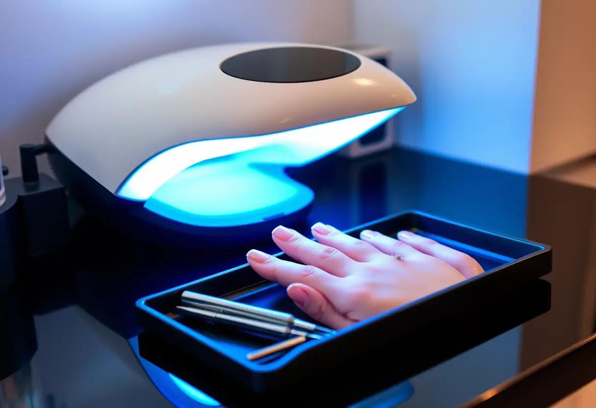 Station de manucure professionnelle avec lampe UV et ongles en gel partiellement sèches