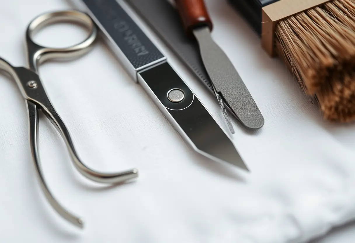 Ensemble d'outils de manucure posés sur un tissu blanc pour souligner leur qualité