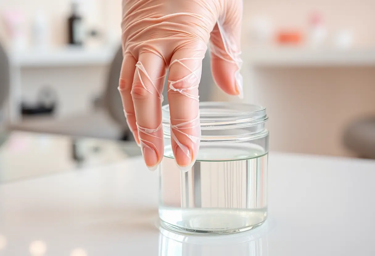 Une main portant un gant jetable plongeant dans un bocal de dissolvant pour vernis gel dans un salon de beauté