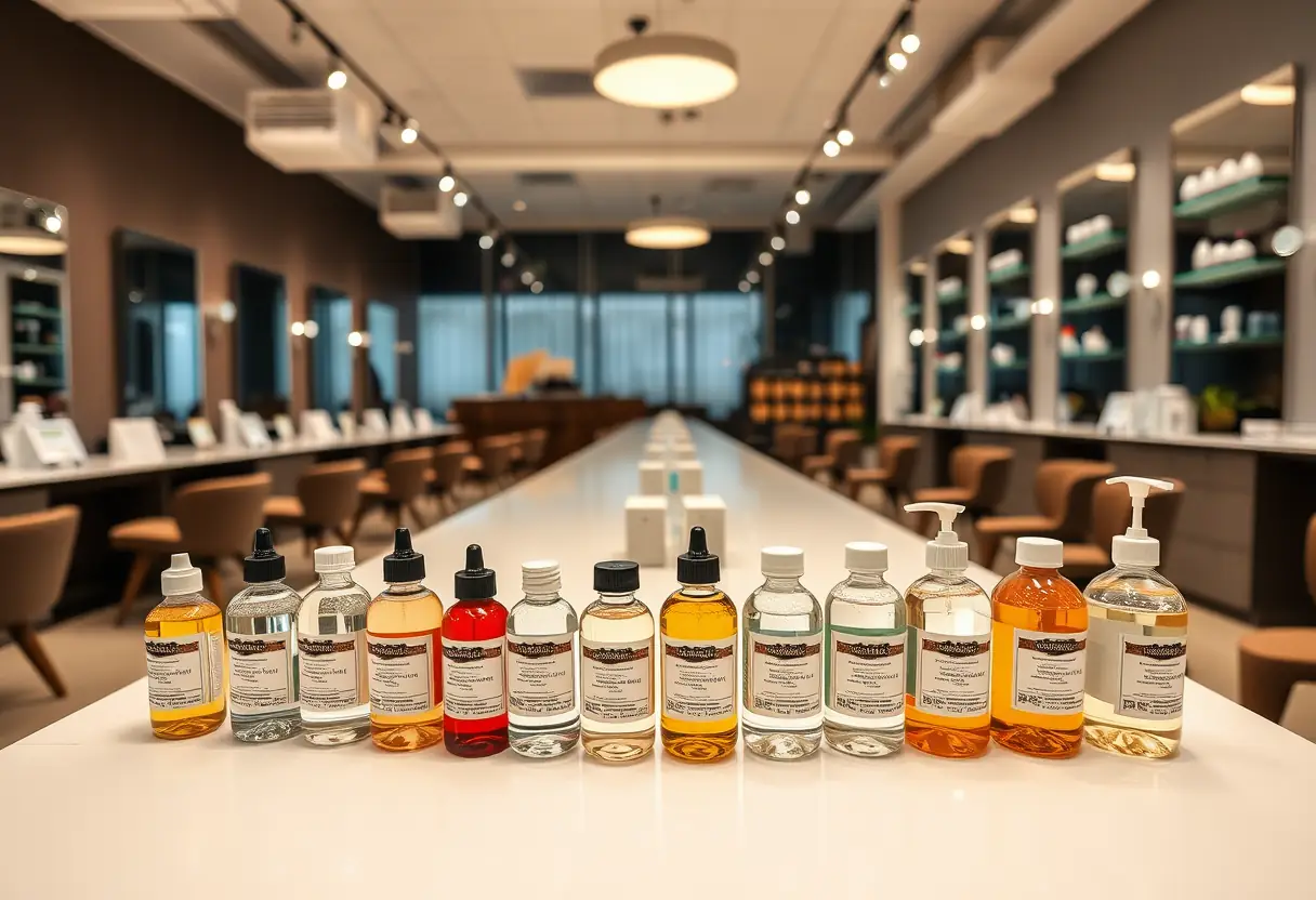 Bouteilles de solvants divers sur le comptoir du salon d'esthétique