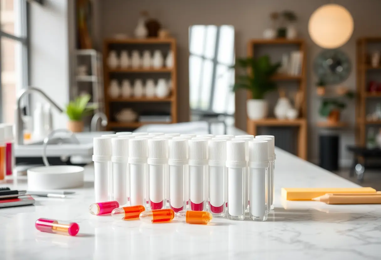 Des capsules de forme double et des bâtonnets de polygel rangés sur un bureau de salon, prêts à être utilisés