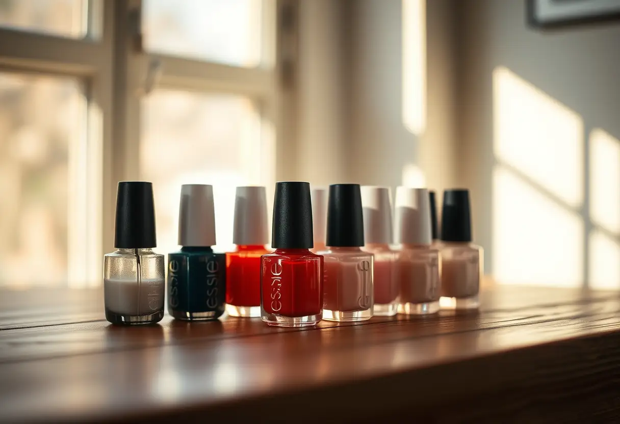 Bouteilles de vernis rangées sur une table, lumière naturelle