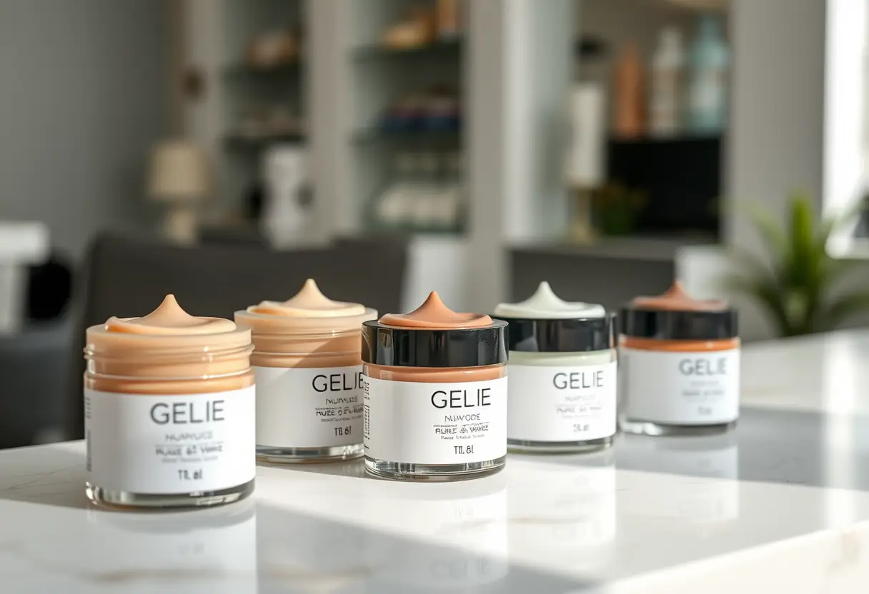 Un ensemble de pots de gel alignés sur un comptoir de salon, contenant différentes nuances de nude et de blanc