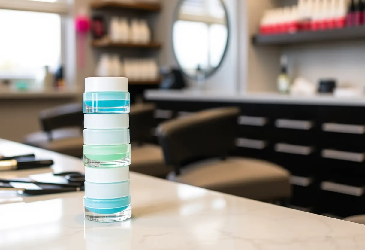 Bouteilles de gel sur un bureau de prothésiste ongulaire, lumière naturelle