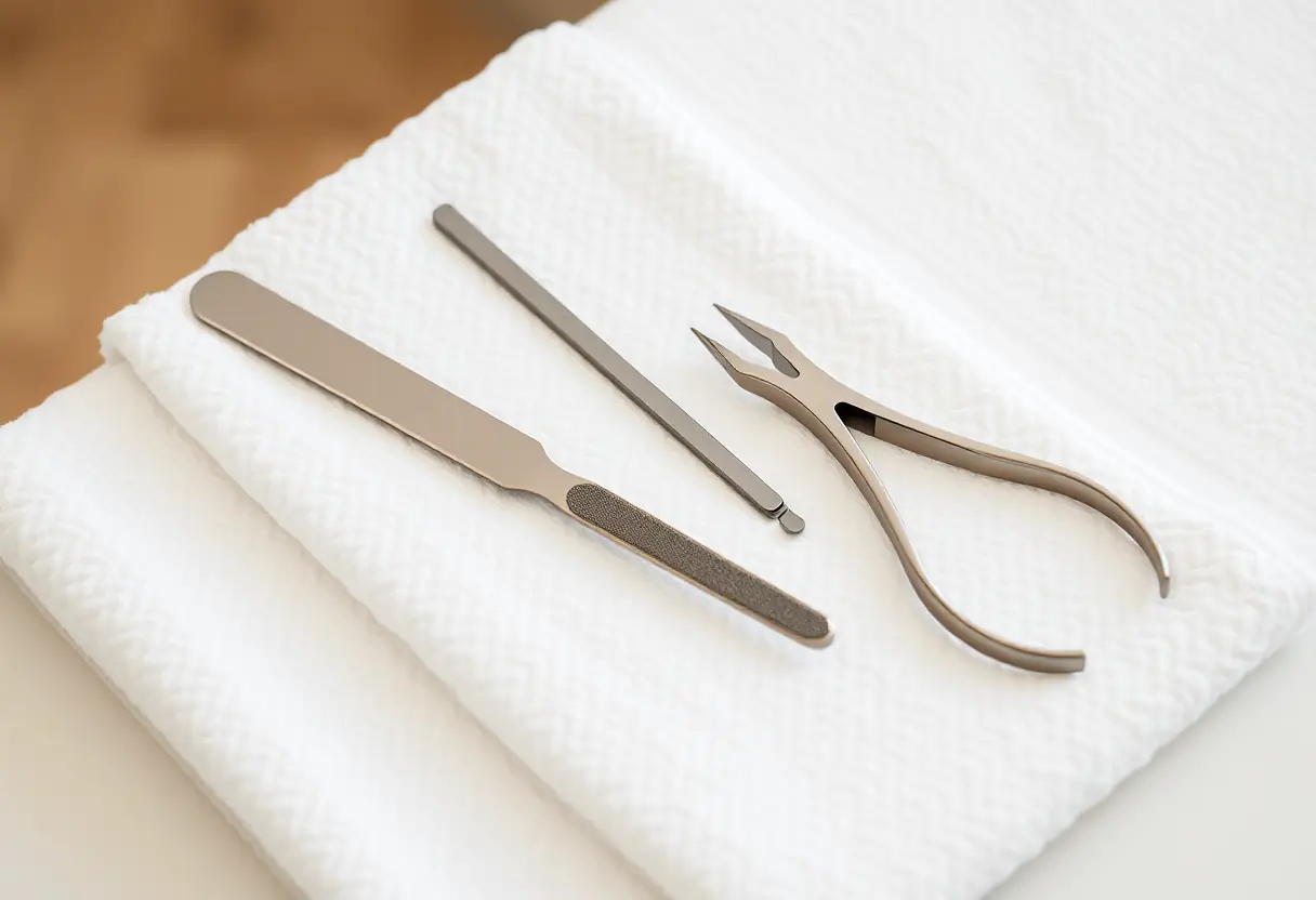 Un ensemble de petits outils métalliques bien ordonnés sur un linge blanc prêts pour le travail sur les ongles