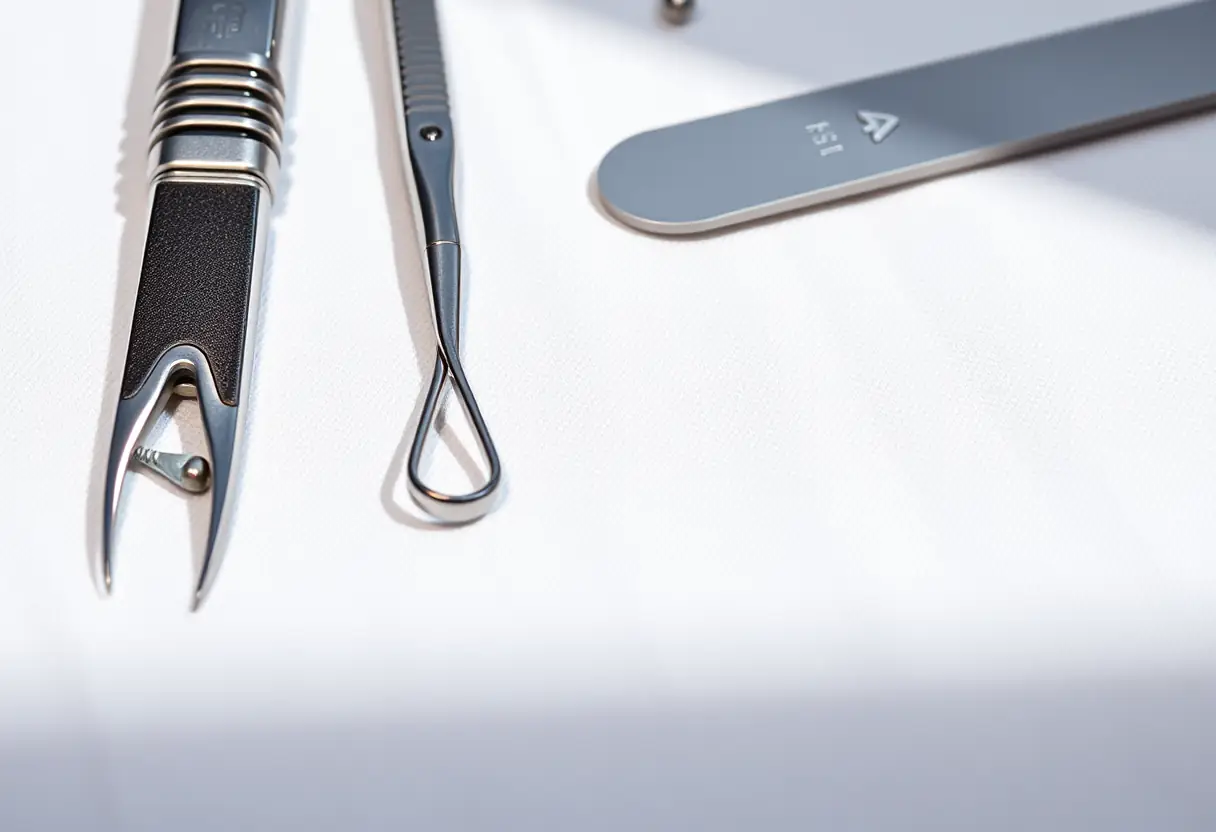 Outils de manucure posés sur un linge blanc, lumière naturelle