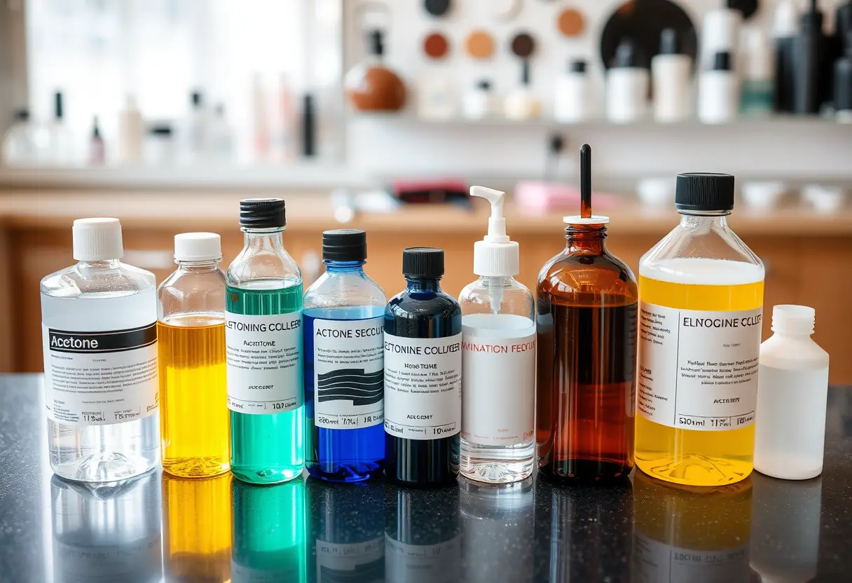 Compte-rendu de solvants spéciaux utilisés pour la dépose d'ongles acryliques, comptoir bien rangé