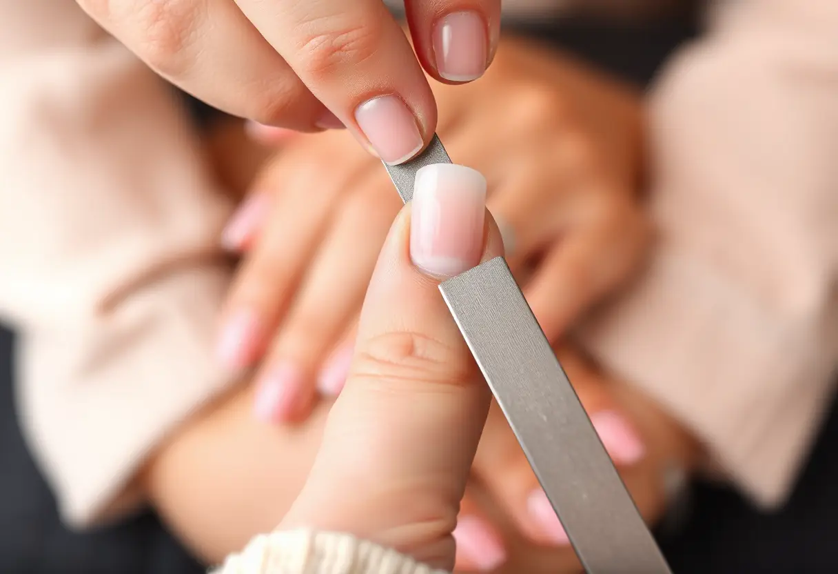 Une main tenant un fiche à ongles contre un ongle acrylique dans un salon de manucure