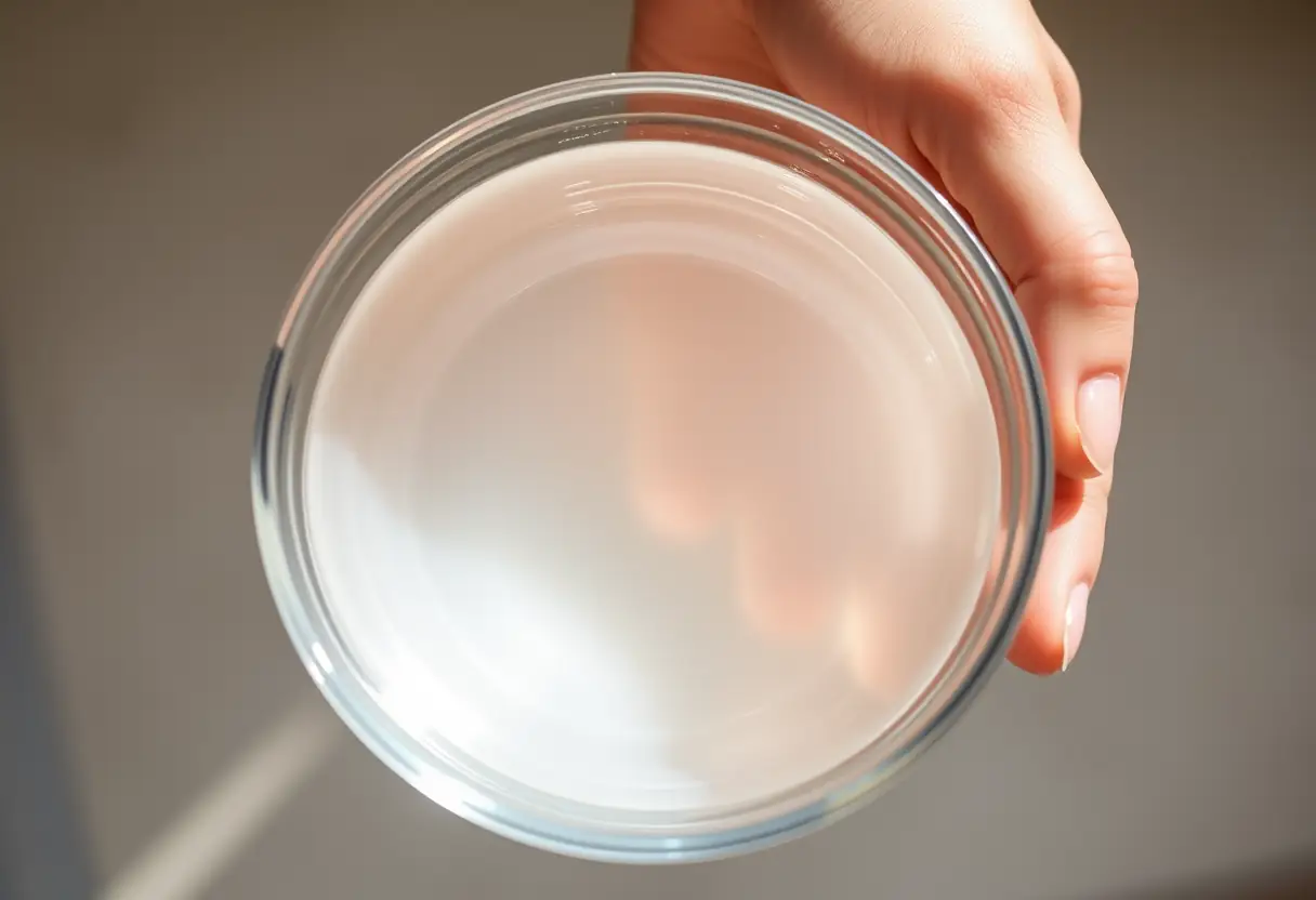 Une main tenant un bol rempli de liquide pour l'hydratation des ongles, lumière naturelle