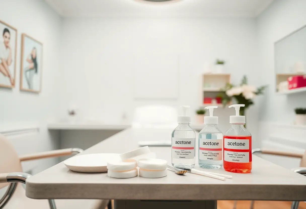 Salle de traitement d'un salon d'esthétique avec des outils pour le retrait sécurisé du vernis semi-permanent