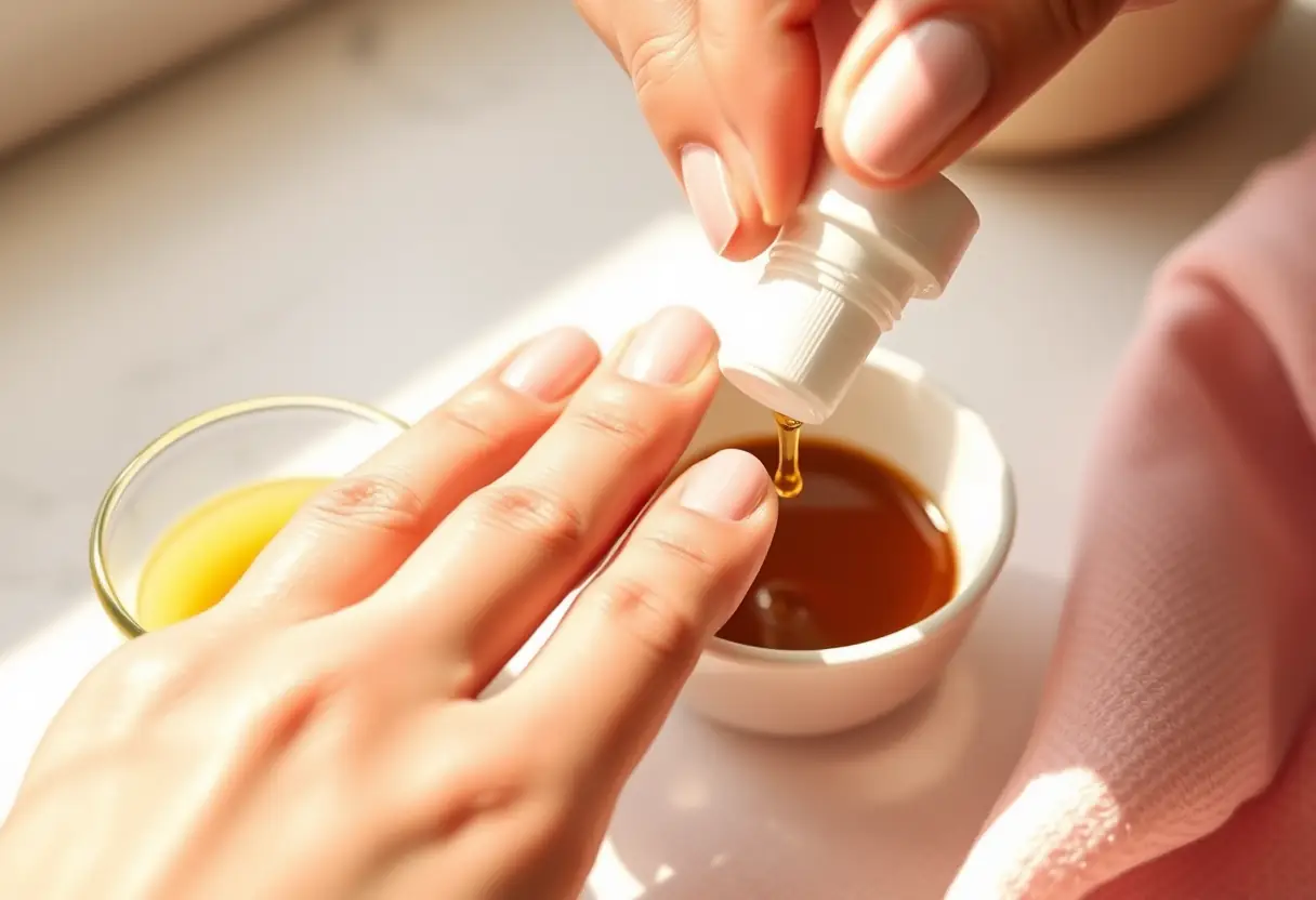 Entretien des ongles : main appliquant de la lotion sur les cuticules