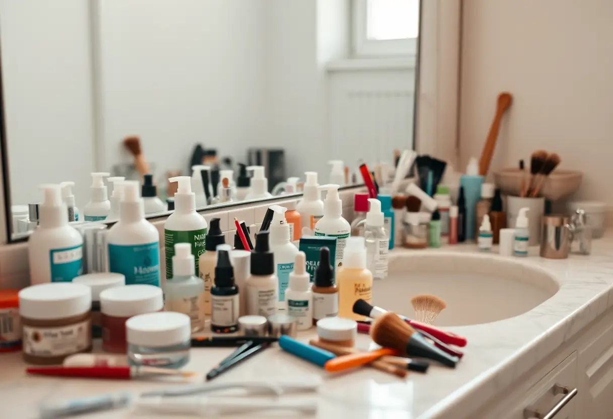 Soins des ongles : comptoir de salle de bains avec produits de beauté