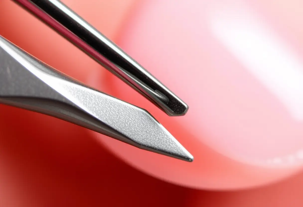 Un outil métallique pour repousser les cuticules posé délicatement sur un ongle acrylique, beauté des ongles
