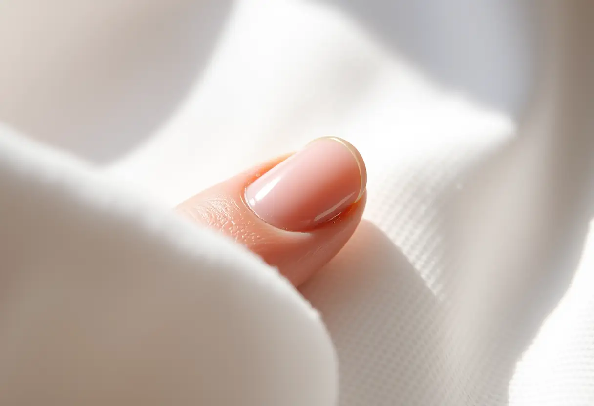 Ongles bien taillés et soignés sur un linge blanc, naturellement éclairés