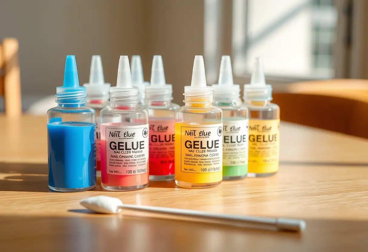 Bouteilles de glue à ongles organisées sur une table en bois, lumière naturelle