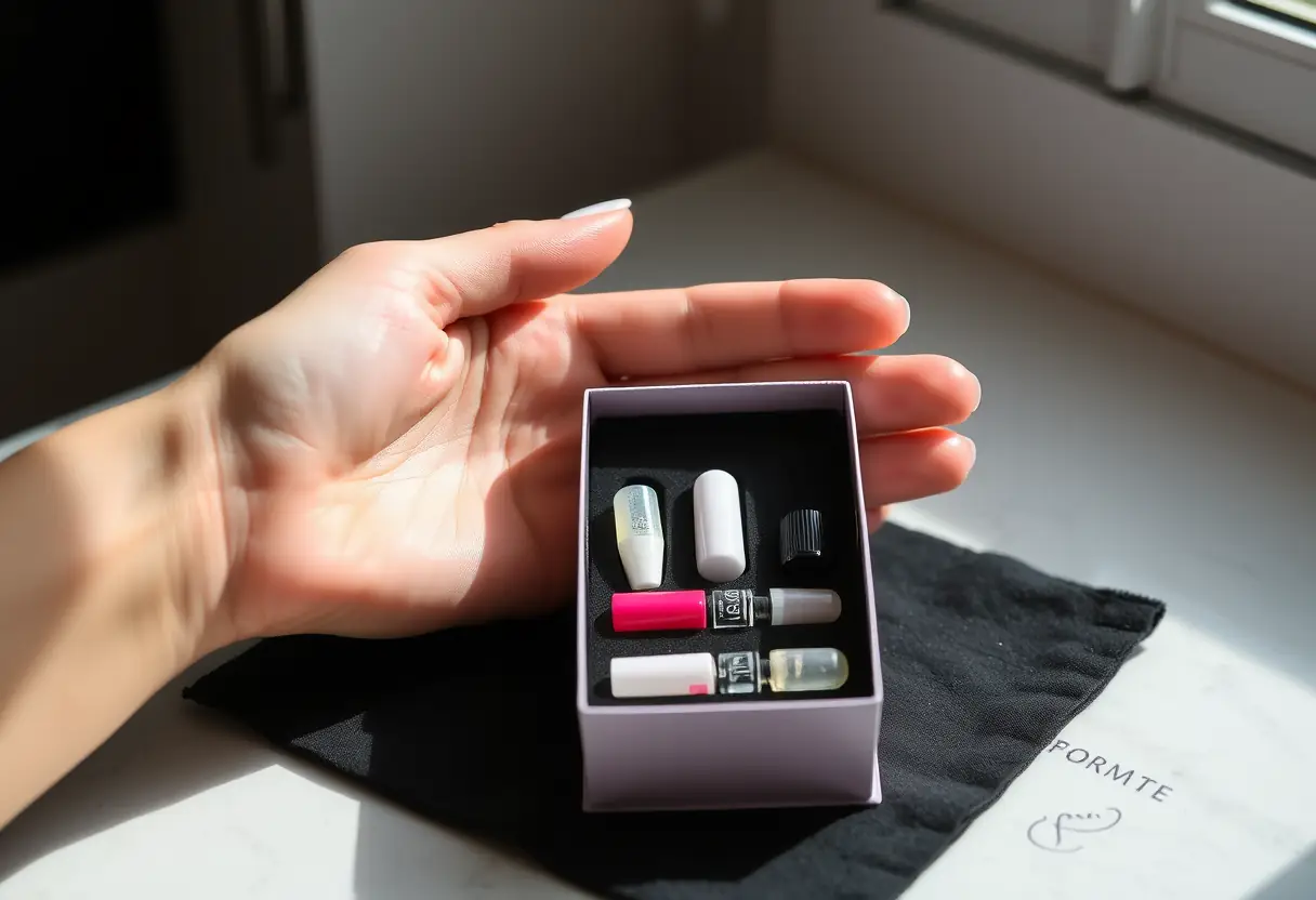 Main tenant des tips à ongles sur un comptoir, lumière naturelle