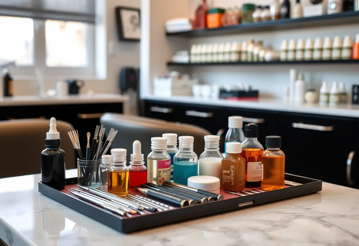 Ensemble d'outils et de bouteilles rangés sur une table propre dans un salon de beauté professionnel