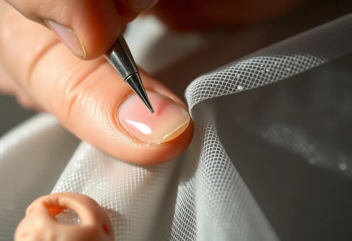 Une main qui applique délicatement une résine sur un ongle étendu avec de la fibre de verre