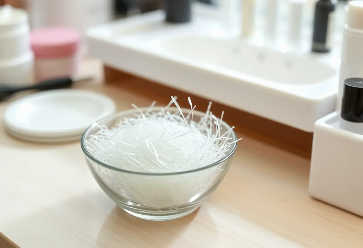 Un poste de travail dans un salon avec un bol rempli de filaments de fibre de verre pour extensions d'ongles