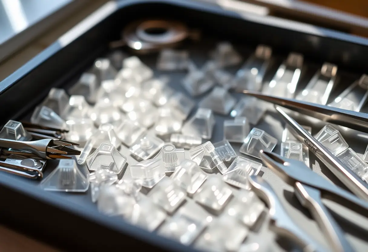 Un plateau bien rangé avec des guides en plastique transparent et des ciseaux métalliques pour la manucure