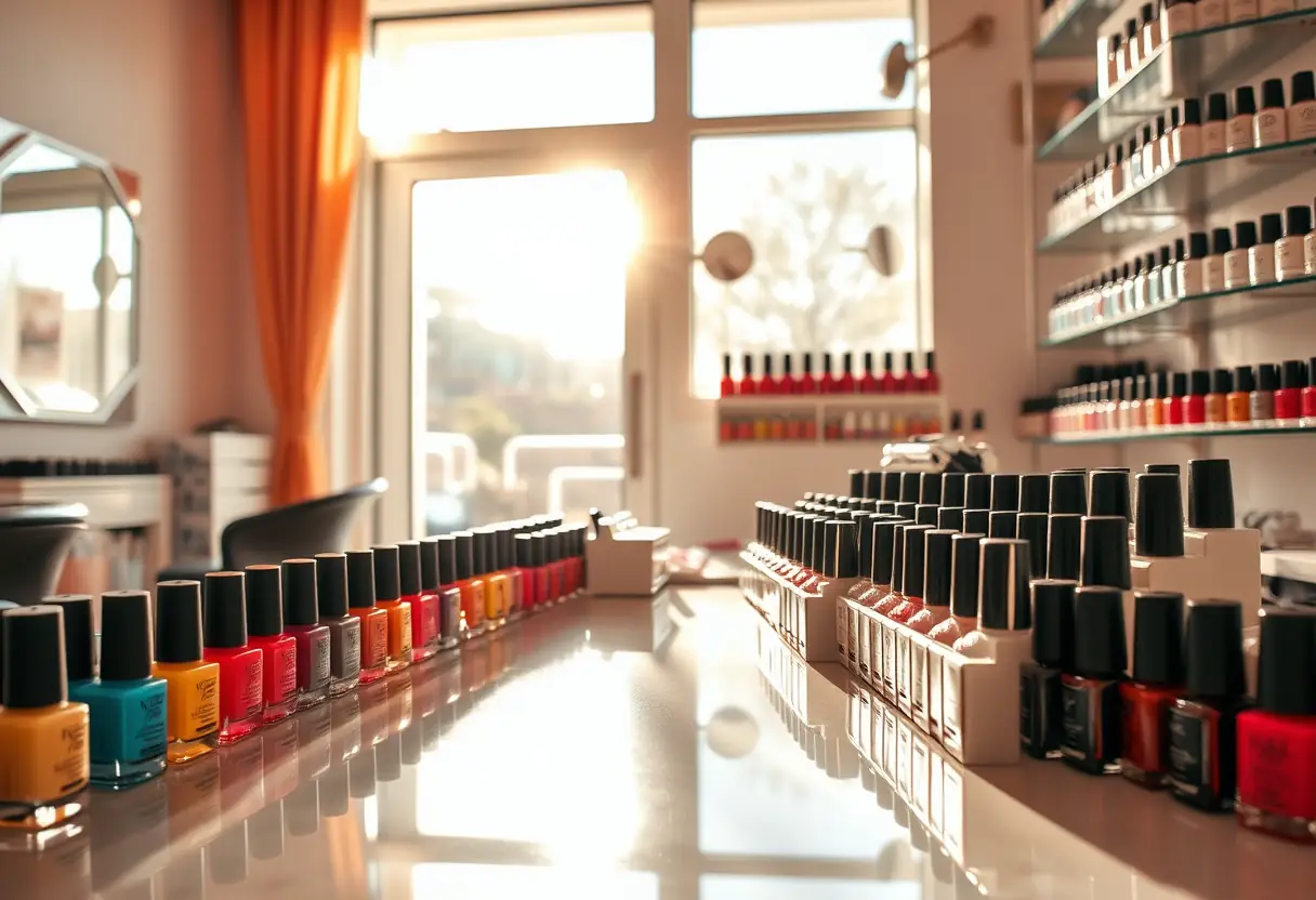 Station de travail bien organisée dans un salon de nail art, bouteilles de vernis colorées, lumière naturelle