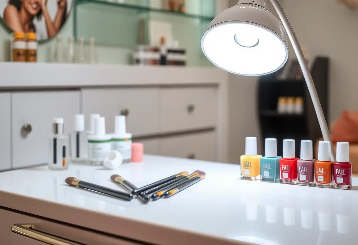 Outils de manucure bien rangés dans un salon d'esthétique des ongles