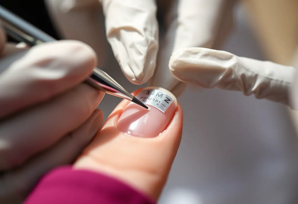 Un technicien en ongles applique délicatement une bande de fibreglas sur un ongle étendu