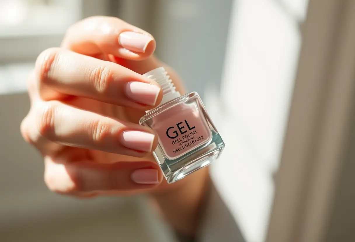 Une bouteille de polish à base de gel sur une table de manucure