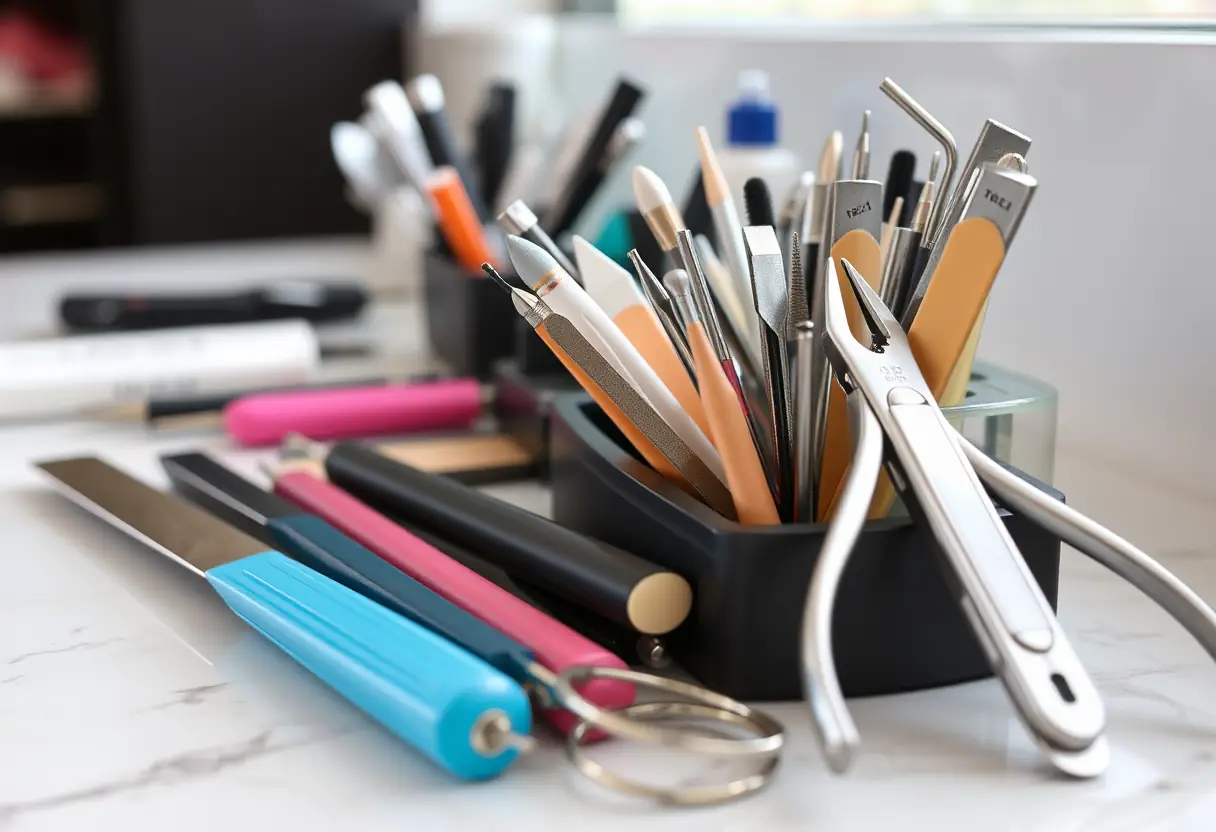 Outils de soins des ongles disposés sur un comptoir de salon de coiffure