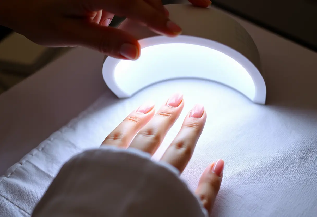 Main du prothésiste tenant une lampe UV au-dessus des ongles en gel
