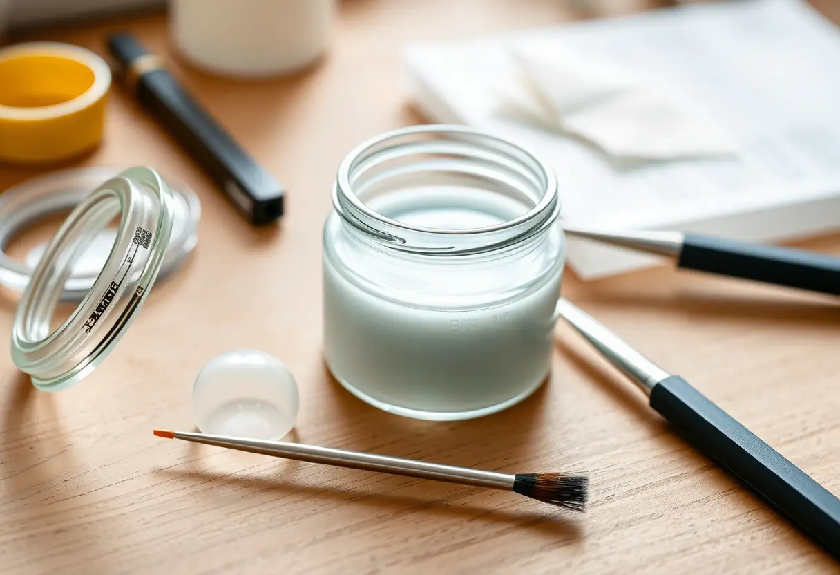 Un pot de résine claire sur un pupitre de travail avec des pinces et un pinceau, utilisés pour les extensions d'ongles en fibre de verre