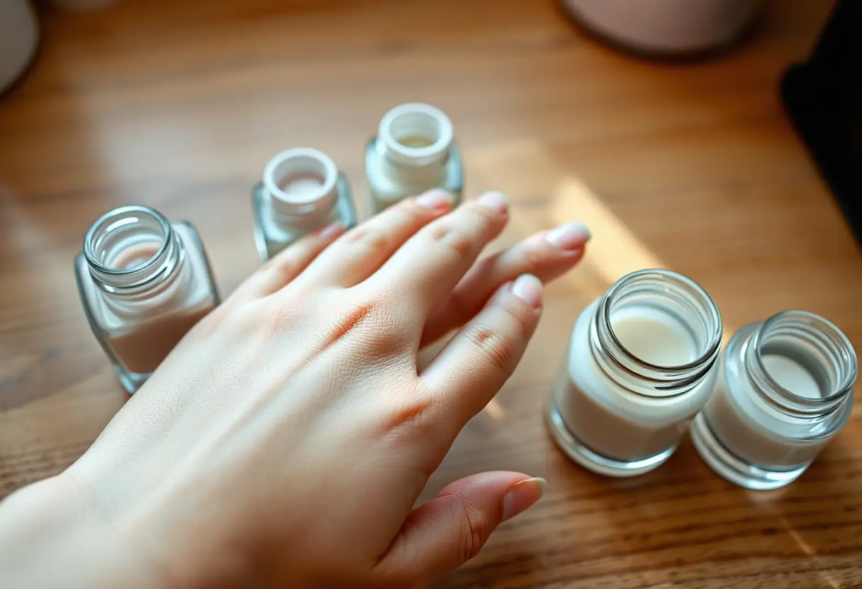Ongles étendus naturels sur un comptoir avec des bocaux de vernis