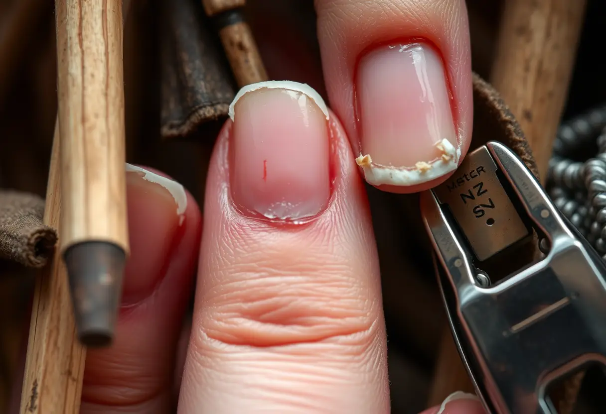Ongles abîmés entourés d'outils de manucure, sans texte, sujet ongles et beauté