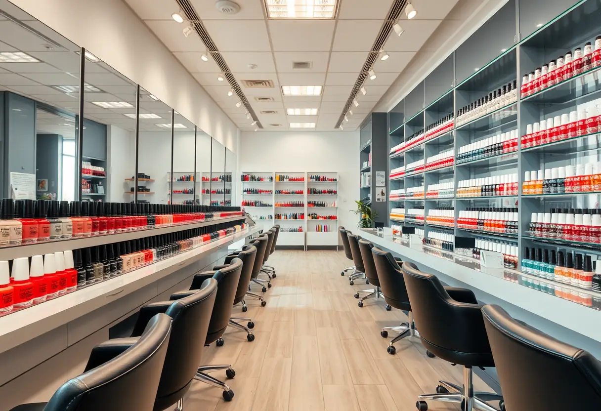 Salon de manucure avec rangées de bouteilles de vernis, ambiance professionnelle et soins des ongles