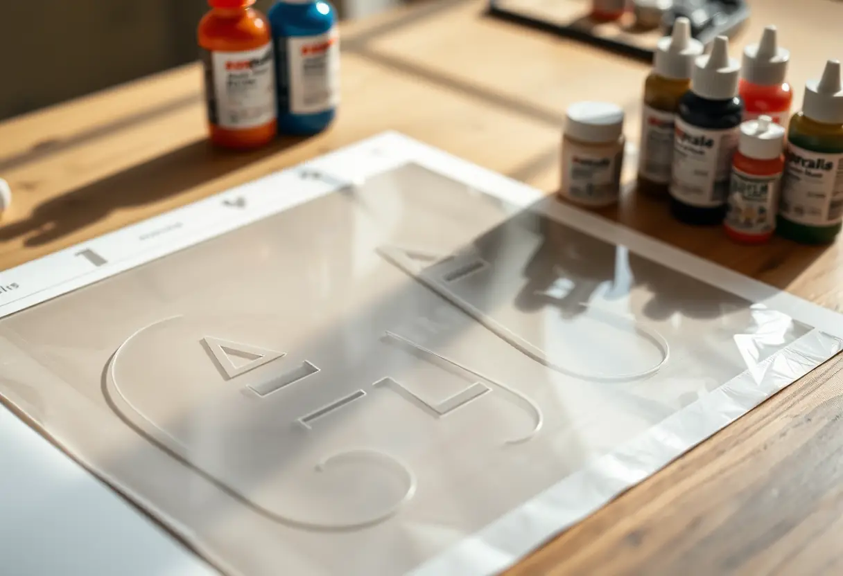 Un gabarit en plastique posé sur une table avec des bouteilles de gel et d'acrylique près de lui