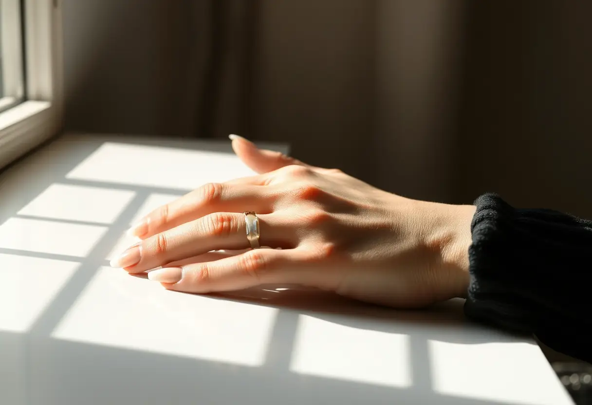 Mains d'une cliente reposant sur une table, montrant des ongles finis dans le style babyboomer avec un dégradé nude-blanc subtil, éclairage doux mettant en valeur la beauté naturelle