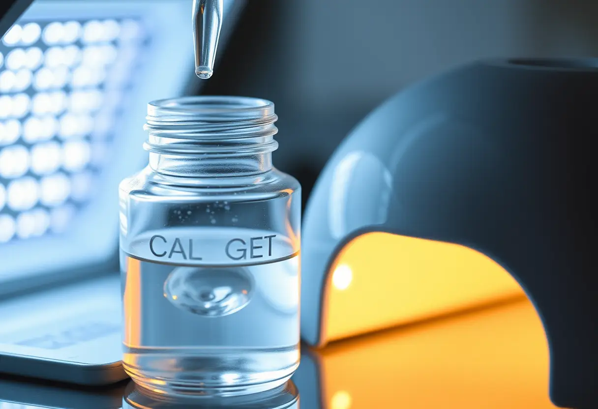 Vue rapprochée d'une bouteille de gel près d'une lampe UV allumée, illustrant le process de pose d'extensions de gel sur les ongles