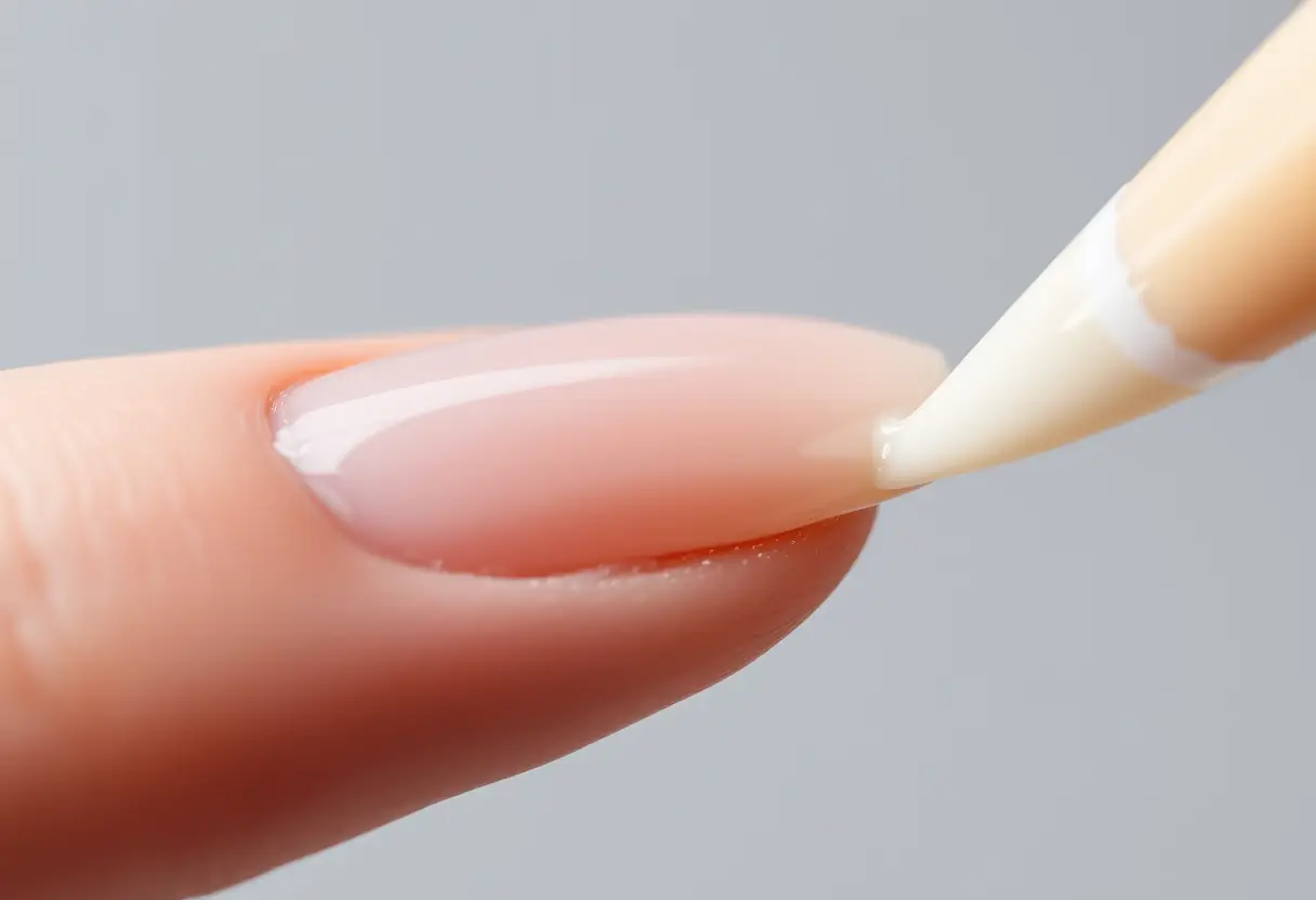 Un faux ongle en acrylique en train d'être façonné en forme d'amande, en prothésie ongulaire