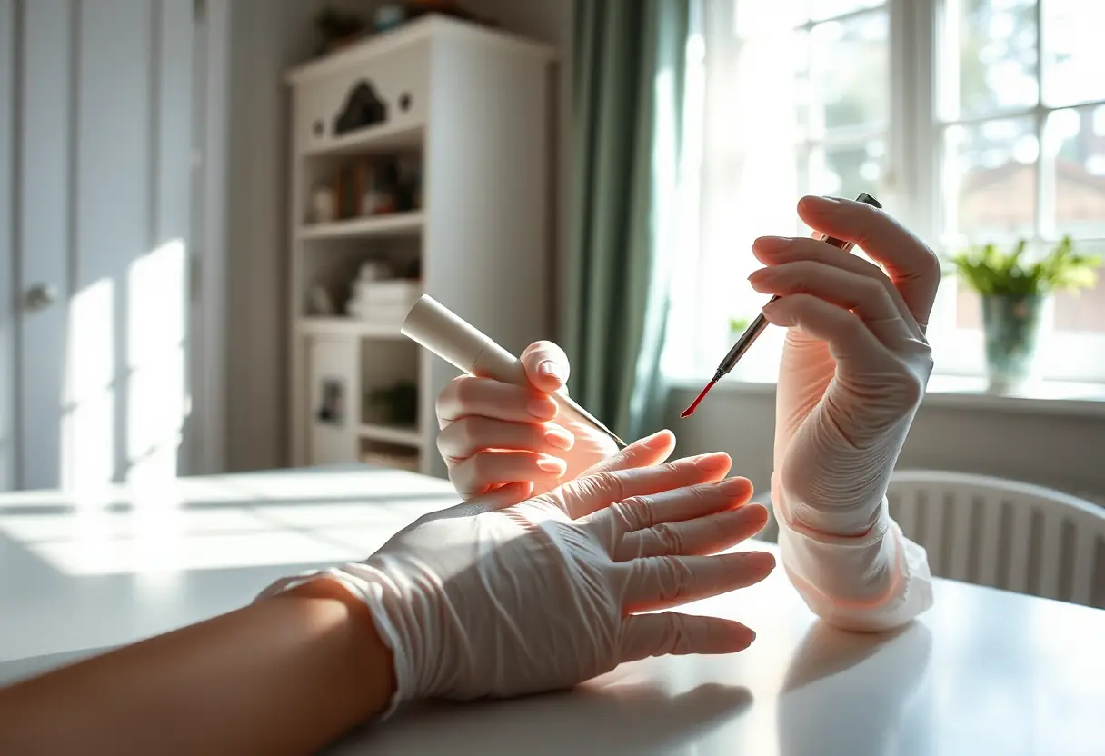 Mains gantées appliquant du vernis sur des ongles artificiels dans une pièce lumineuse