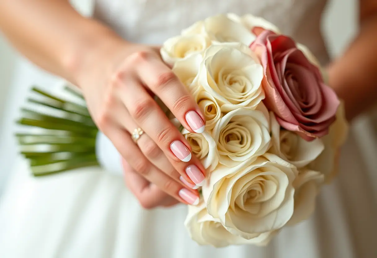 Main de future mariée tenant un bouquet de mariage avec des ongles en forme de French tip