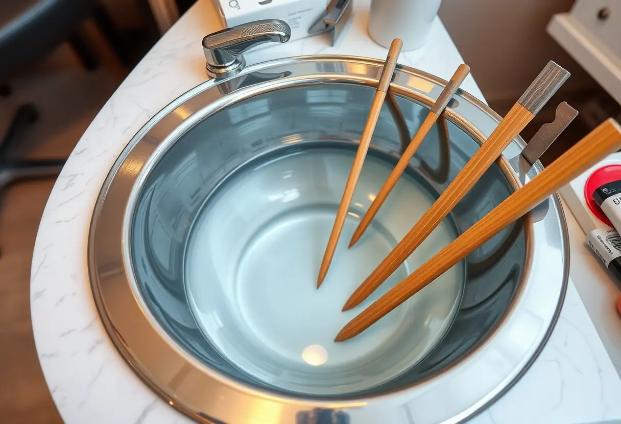 Station de manucure dans un salon de nail art avec des outils rangés et un bac à eau