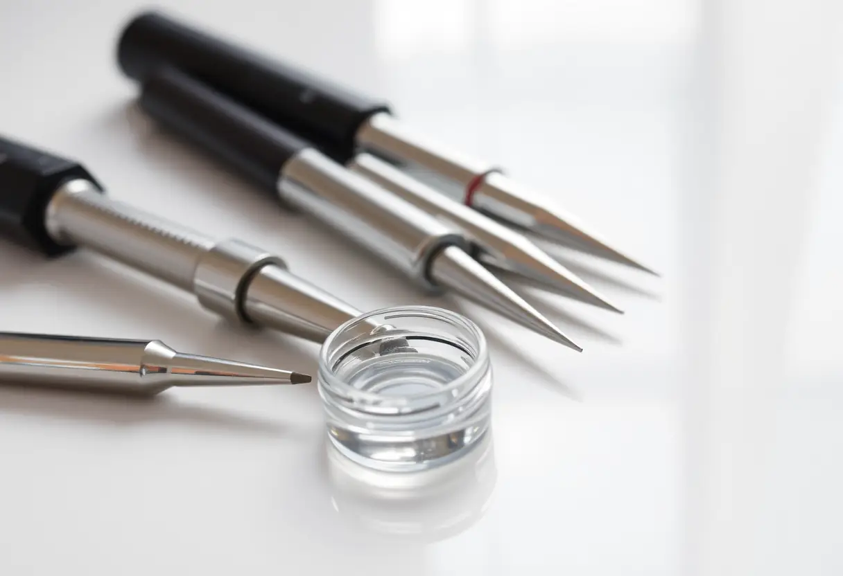Outils de précision sur un comptoir blanc, avec un petit conteneur de gel au premier plan, lumière naturelle