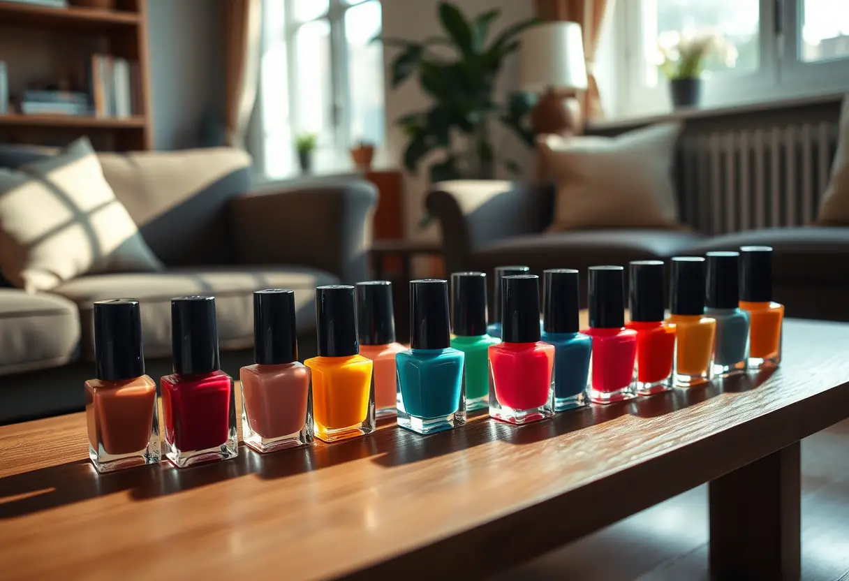 Bouteilles de vernis à ongles colorées organisées sur une table dans un salon accueillant