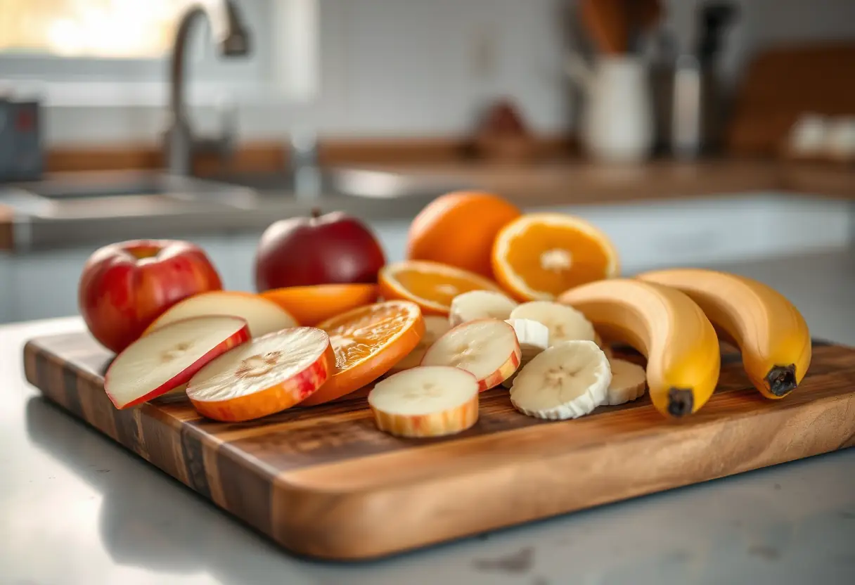 Planche à découper en bois avec des fruits tranchés dans une cuisine