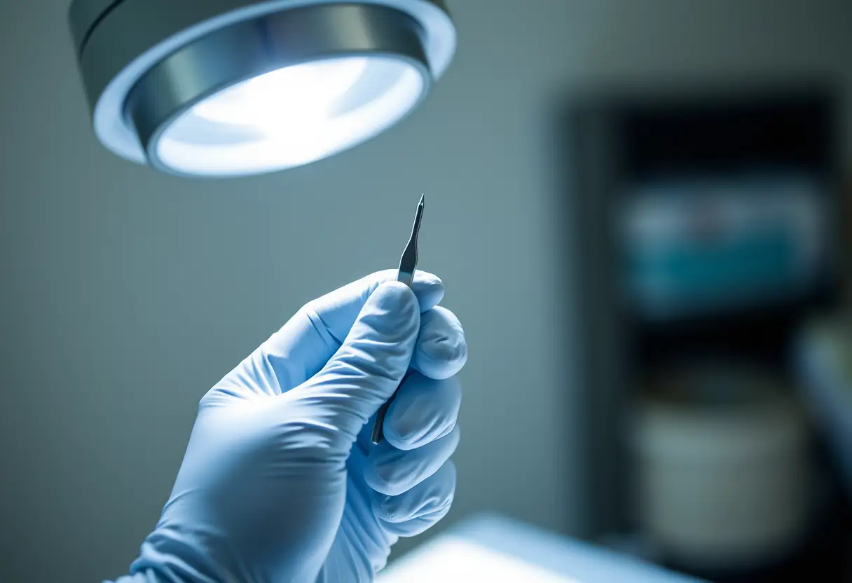 Main gantée tenant un scalpel pour soigner les pieds