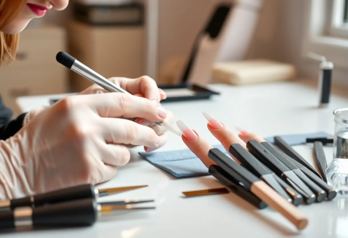 Un ensemble d'ongles acryliques en train d'être polis dans un salon de beauté, avec des outils rangés près