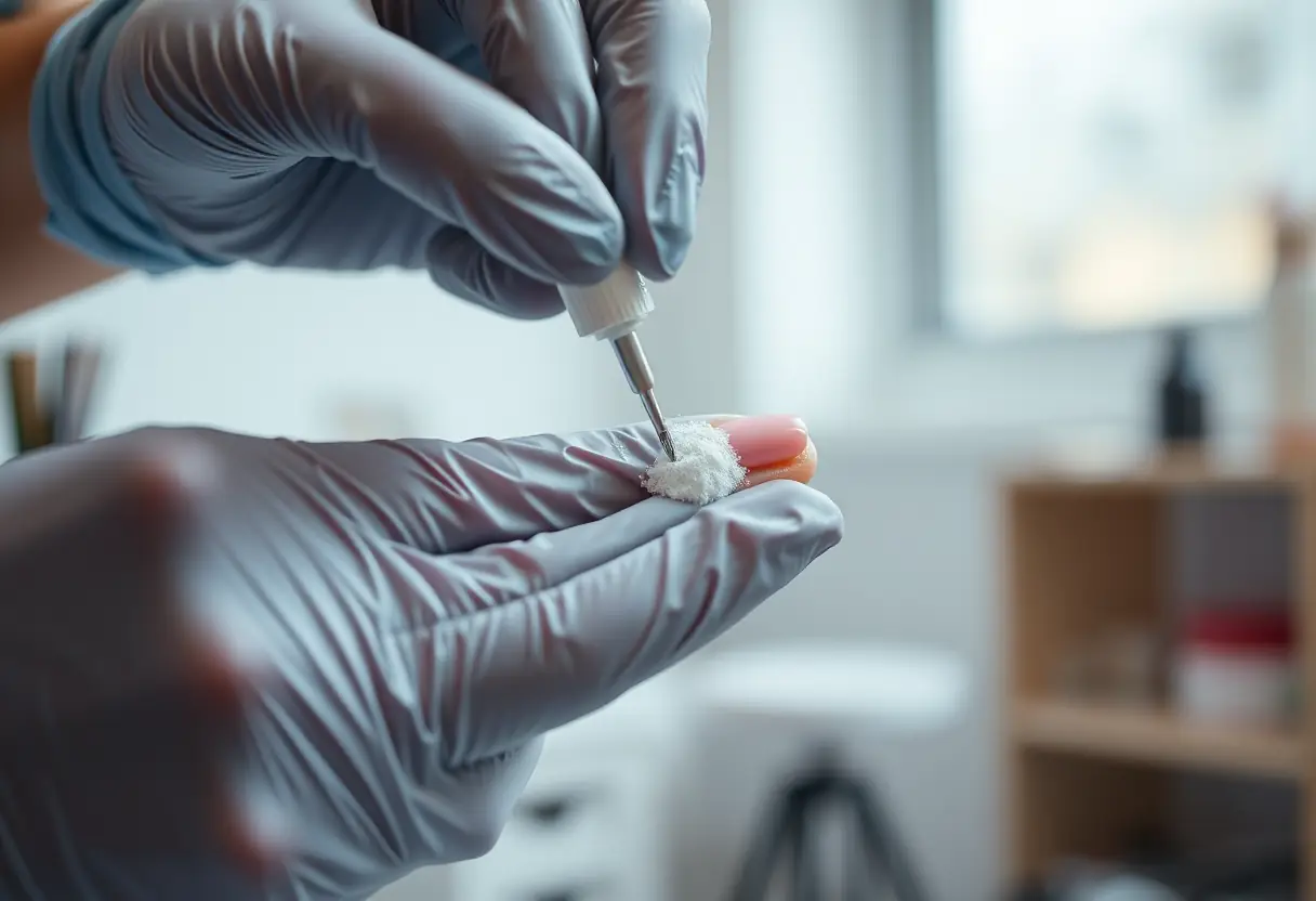 Main de technicienne gantée appliquant délicatement de la poudre acrylique sur un ongle artificiel, technique précise du nail art professionnel